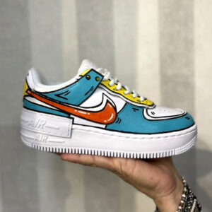 Nike Air Force 1 Shadow Custom Cartoon Azzurro, Giallo e Swoosh Arancio