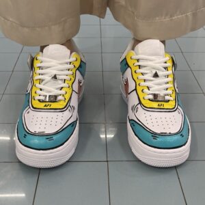 Nike Air Force 1 Shadow Custom Cartoon Azzurro, Giallo e Swoosh Arancio