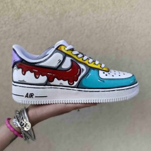 Nike Air Force One Custom Cartoon Dipinte A Mano Verde Acqua Giallo, Swoosh Gocce Cadenti Rosso
