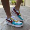 Nike Air Force One Custom Cartoon Dipinte A Mano Verde Acqua Giallo, Swoosh Gocce Cadenti Rosso