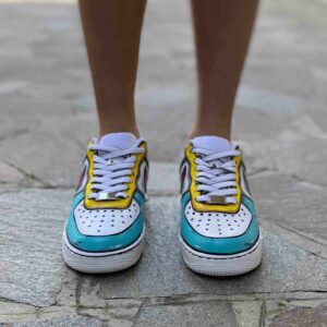 Nike Air Force One Custom Cartoon Dipinte A Mano Verde Acqua Giallo, Swoosh Gocce Cadenti Rosso