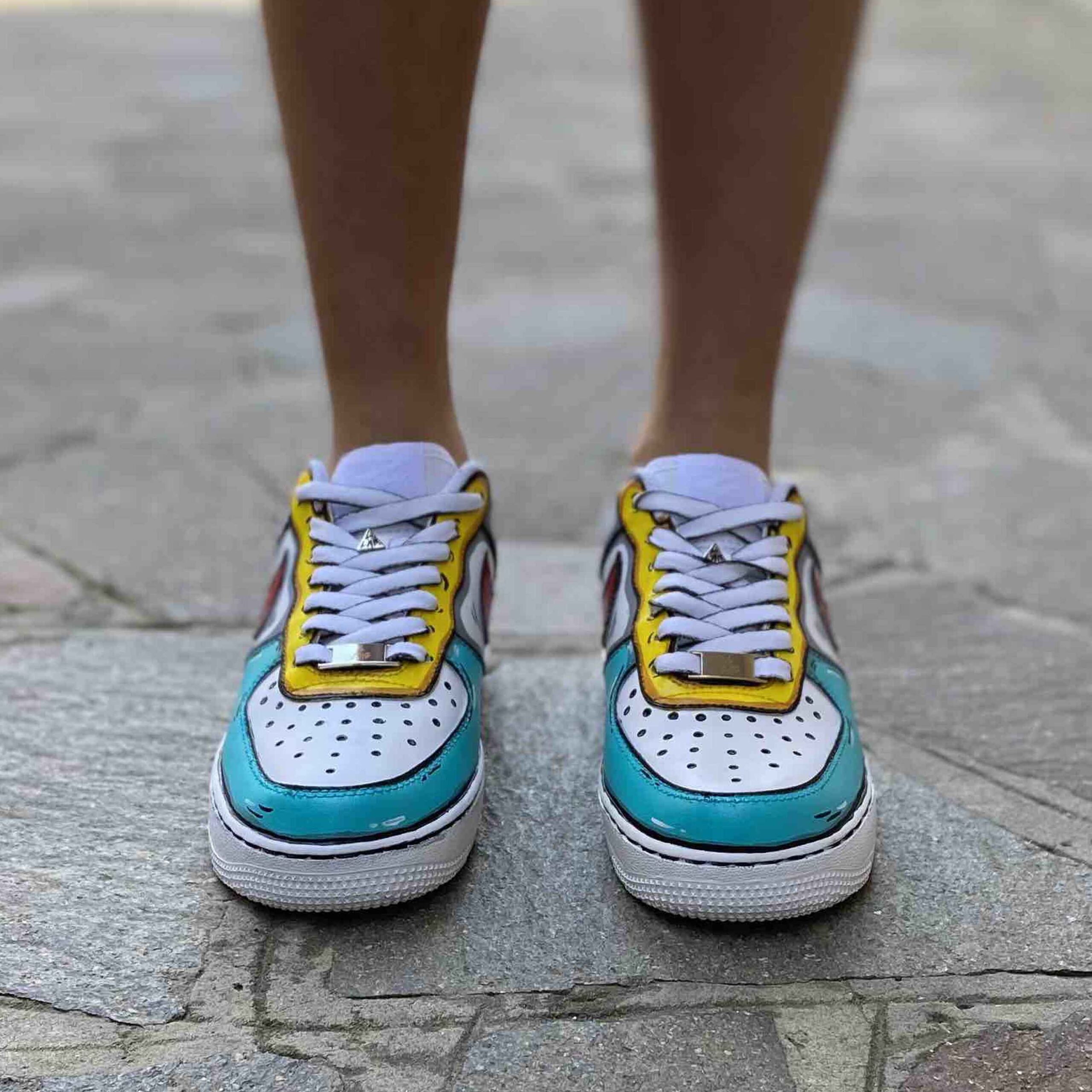 Nike Air Force One Custom Cartoon Dipinte A Mano Verde Acqua Giallo, Swoosh Gocce Cadenti Rosso