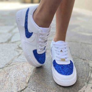 Nike Air Force One Custom Doppio Swoosh Glitter Bianco e Azzurro