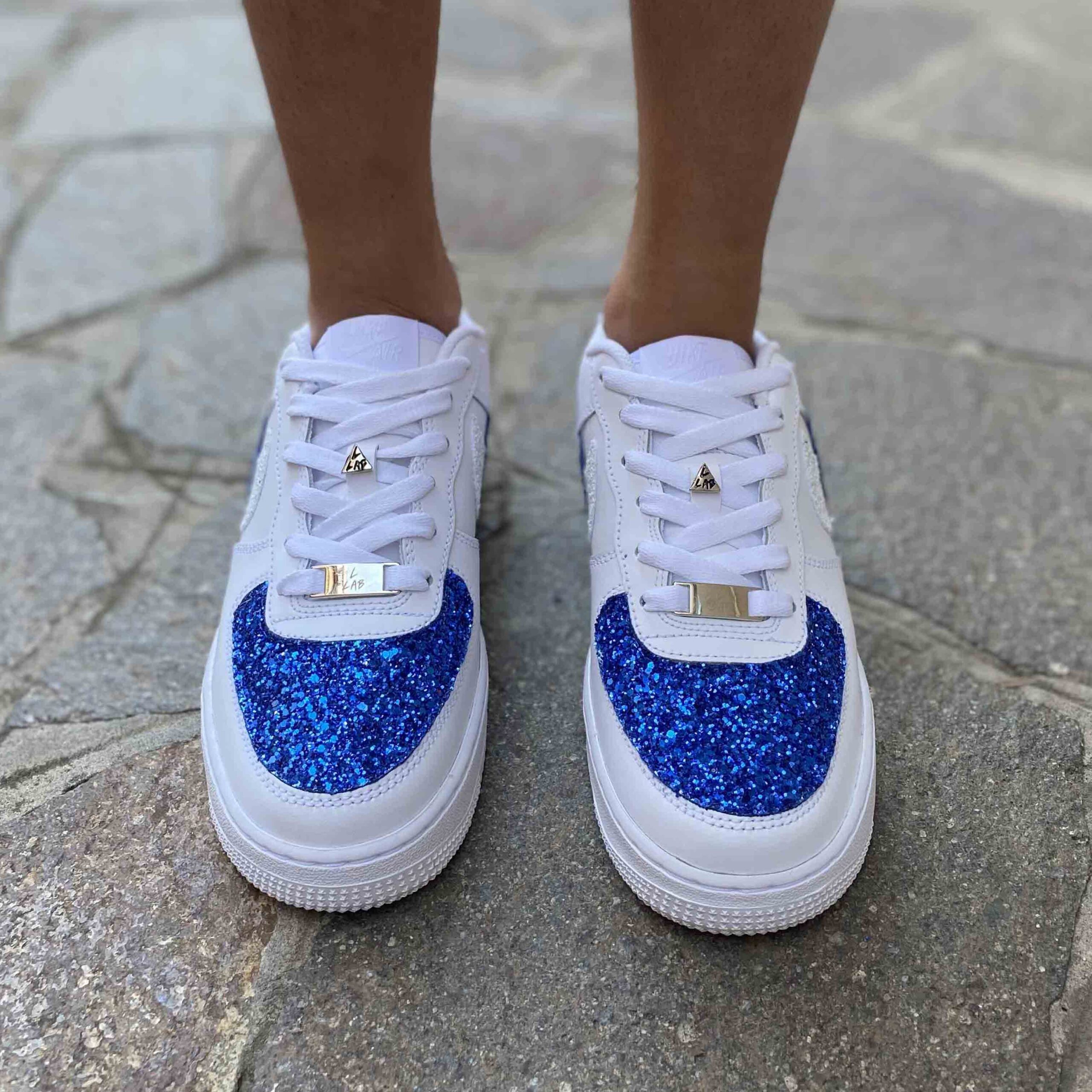 Nike Air Force One Custom Doppio Swoosh Glitter Bianco e Azzurro