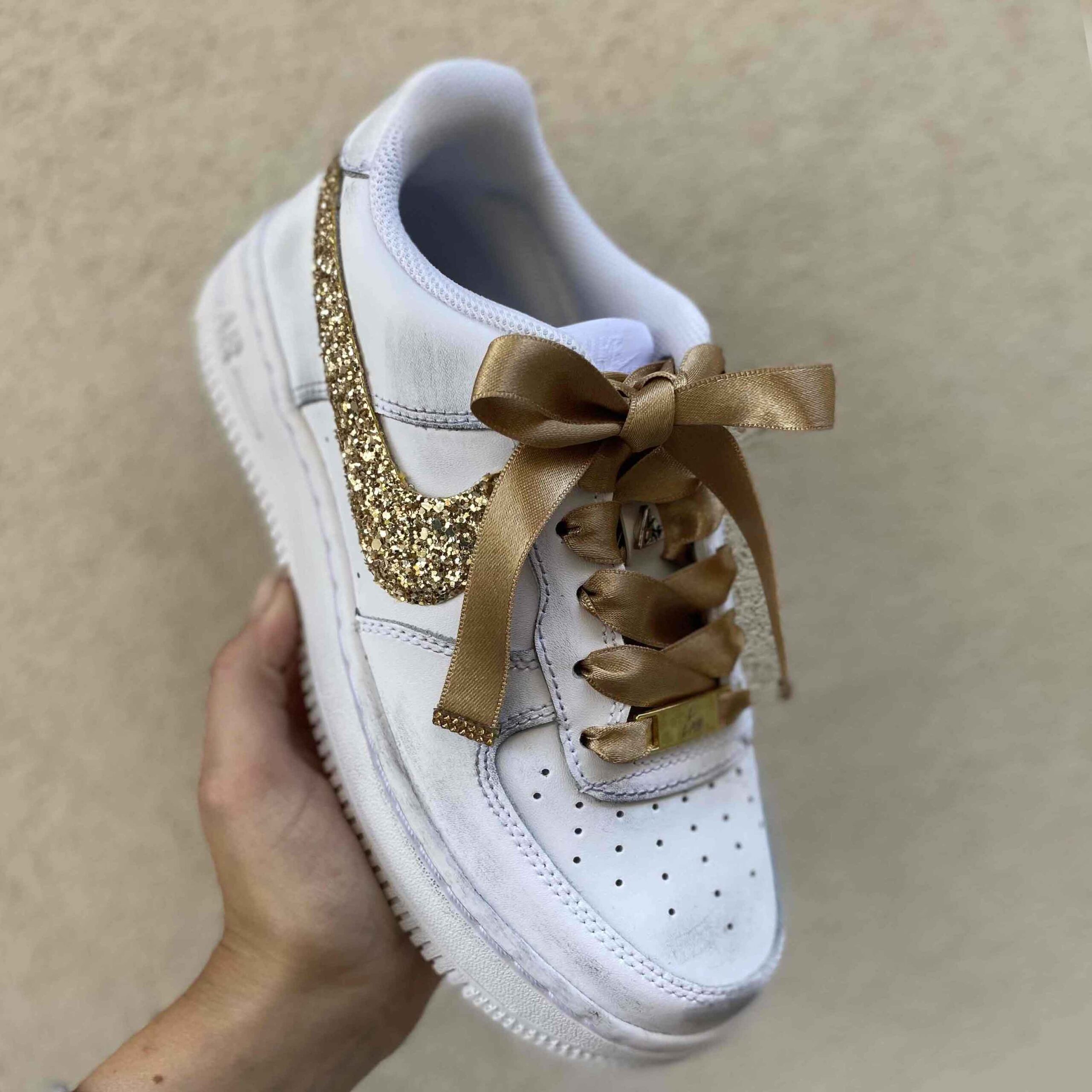 Nike Air Force One Custom Sporcatura Vintage Swoosh Carta Cioccolatino Oro