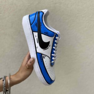 Nike Court Vision Custom Cartoon Dipinte A Mano Blu, Bianco e Nero