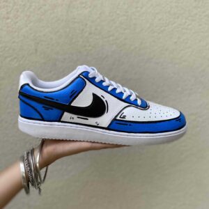 Nike Court Vision Custom Cartoon Dipinte A Mano Blu, Bianco e Nero