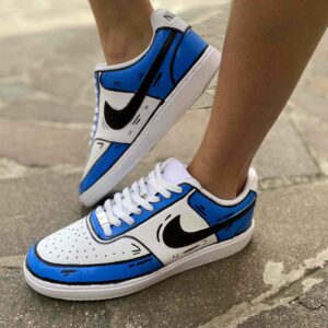 Nike Court Vision Custom Cartoon Dipinte A Mano Blu, Bianco e Nero