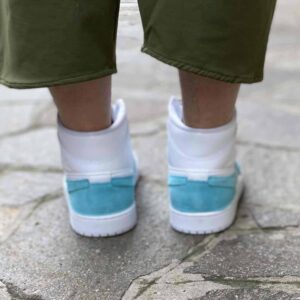 Nike Jordan 1 Custom Cucita Mano doppio Swoosh Bianco e Verde Acqua Marina