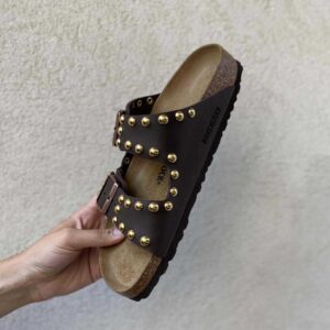 Birkenstock Arizona Personalizzate Base Marrone Borchie Rotonde Dorate