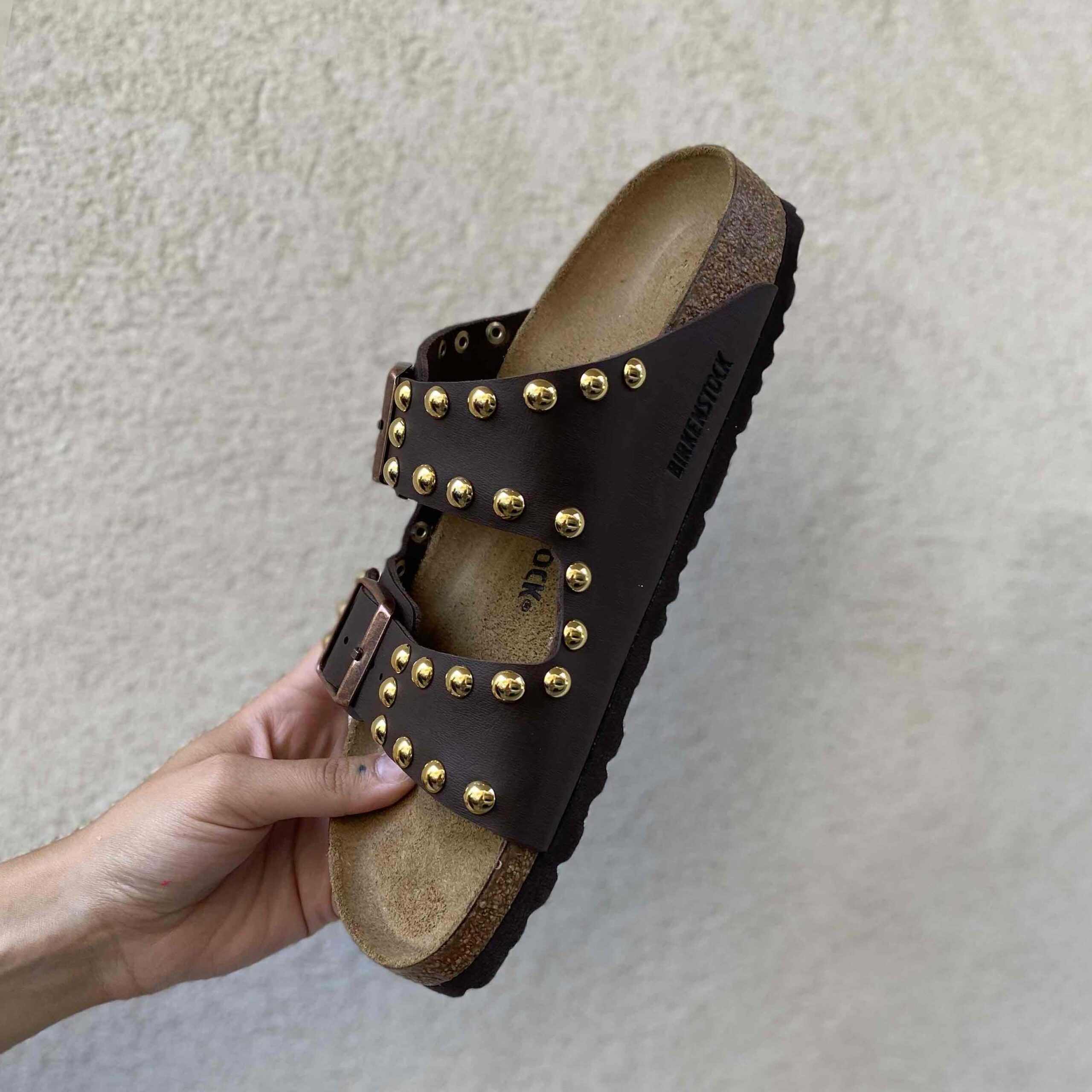 Birkenstock Arizona Personalizzate Base Marrone Borchie Rotonde Dorate