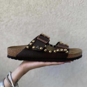 Birkenstock Arizona Personalizzate Base Marrone Borchie Rotonde Dorate