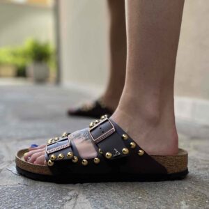 Birkenstock Arizona Personalizzate Base Marrone Borchie Rotonde Dorate