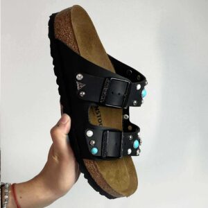 Birkenstock Arizona Personalizzate Base Nera Borchie Miste Turchesi, Perle Bianche e Strass