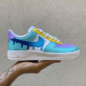 Nike Air Force One Custom Cartoon Dipinte A Mano Azzurro, Viola e Giallo, Swoosh Gocce Cadenti