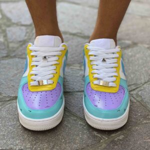 Nike Air Force One Custom Cartoon Dipinte A Mano Azzurro, Viola e Giallo, Swoosh Gocce Cadenti