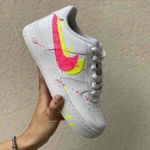 Nike Air Force One Custom Doppio Swoosh Glitter e Sporcatura Giallo Fluo e Fucsia