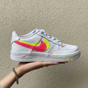 Nike Air Force One Custom Doppio Swoosh Glitter e Sporcatura Giallo Fluo e Fucsia