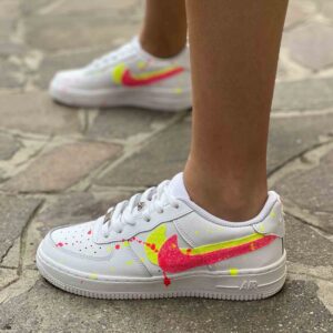 Nike Air Force One Custom Doppio Swoosh Glitter e Sporcatura Giallo Fluo e Fucsia
