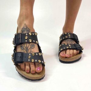 Birkenstock Arizona Personalizzate Base Nera Borchie a Cono Basso Oro e Argento