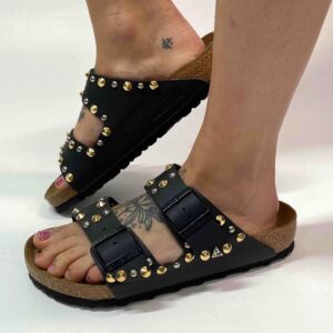 Birkenstock Arizona Personalizzate Base Nera Borchie a Cono Basso Oro e Argento