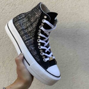 Converse All Star Personalizzate Platform Nere Tessuto Argentato, Strass e Occhielli Argento