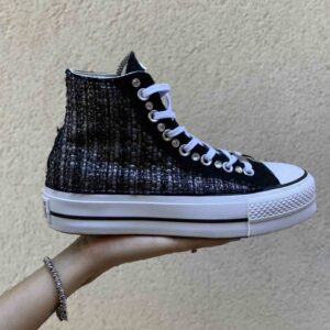 Converse All Star Personalizzate Platform Nere Tessuto Argentato, Strass e Occhielli Argento