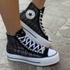 Converse All Star Personalizzate Platform Nere Tessuto Argentato, Strass e Occhielli Argento