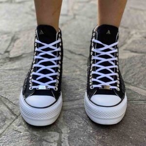 Converse All Star Personalizzate Platform Nere Tessuto Argentato, Strass e Occhielli Argento