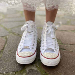 Converse All Star Personalizzate Sposa Fiori, Borchie Perle, Lacci Raso e Strass e Puntale ricoperto
