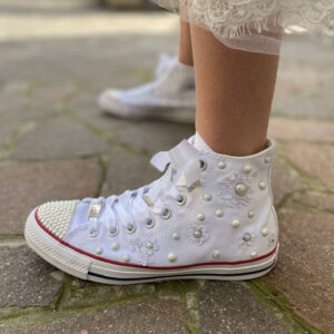 Converse All Star Personalizzate Sposa Fiori, Borchie Perle, Lacci Raso e Strass e Puntale ricoperto