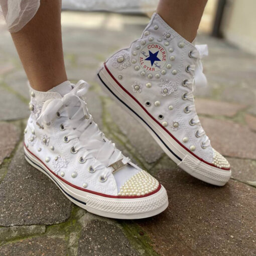 Converse All Star Personalizzate Sposa Fiori, Borchie Perle, Lacci Raso e Strass e Puntale ricoperto