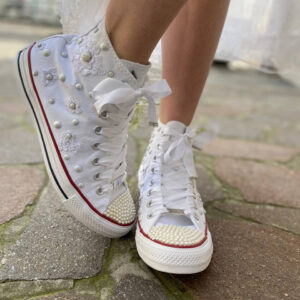 Converse All Star Personalizzate Sposa Fiori, Borchie Perle, Lacci Raso e Strass e Puntale ricoperto