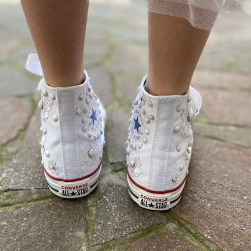 Converse All Star Personalizzate Sposa Fiori, Borchie Perle, Lacci Raso e Strass e Puntale ricoperto