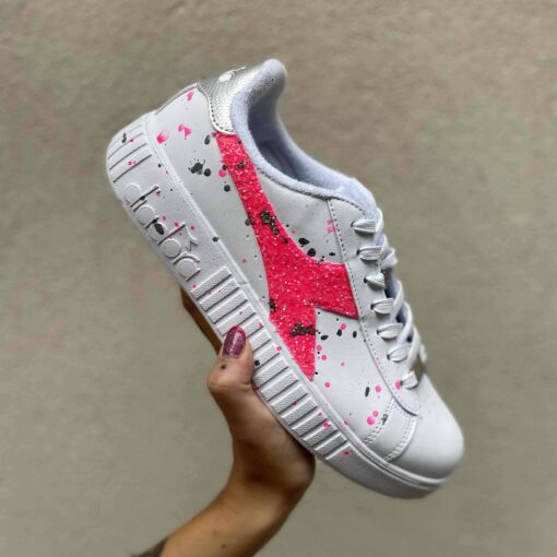 Diadora Personalizzate Game Step Logo Glitter Fucsia e sporcatura Argento e Rosa