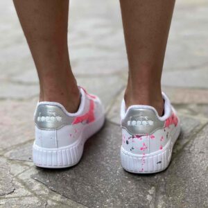 Diadora Personalizzate Game Step Logo Glitter Fucsia e sporcatura Argento e Rosa e Lacci Fucsia