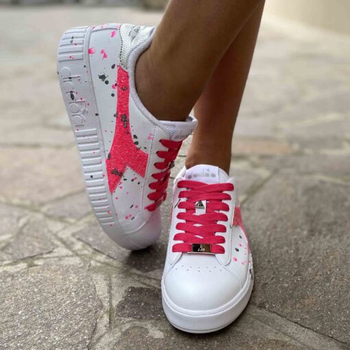 Diadora Personalizzate Game Step Logo Glitter Fucsia e sporcatura Argento e Rosa e Lacci Fucsia