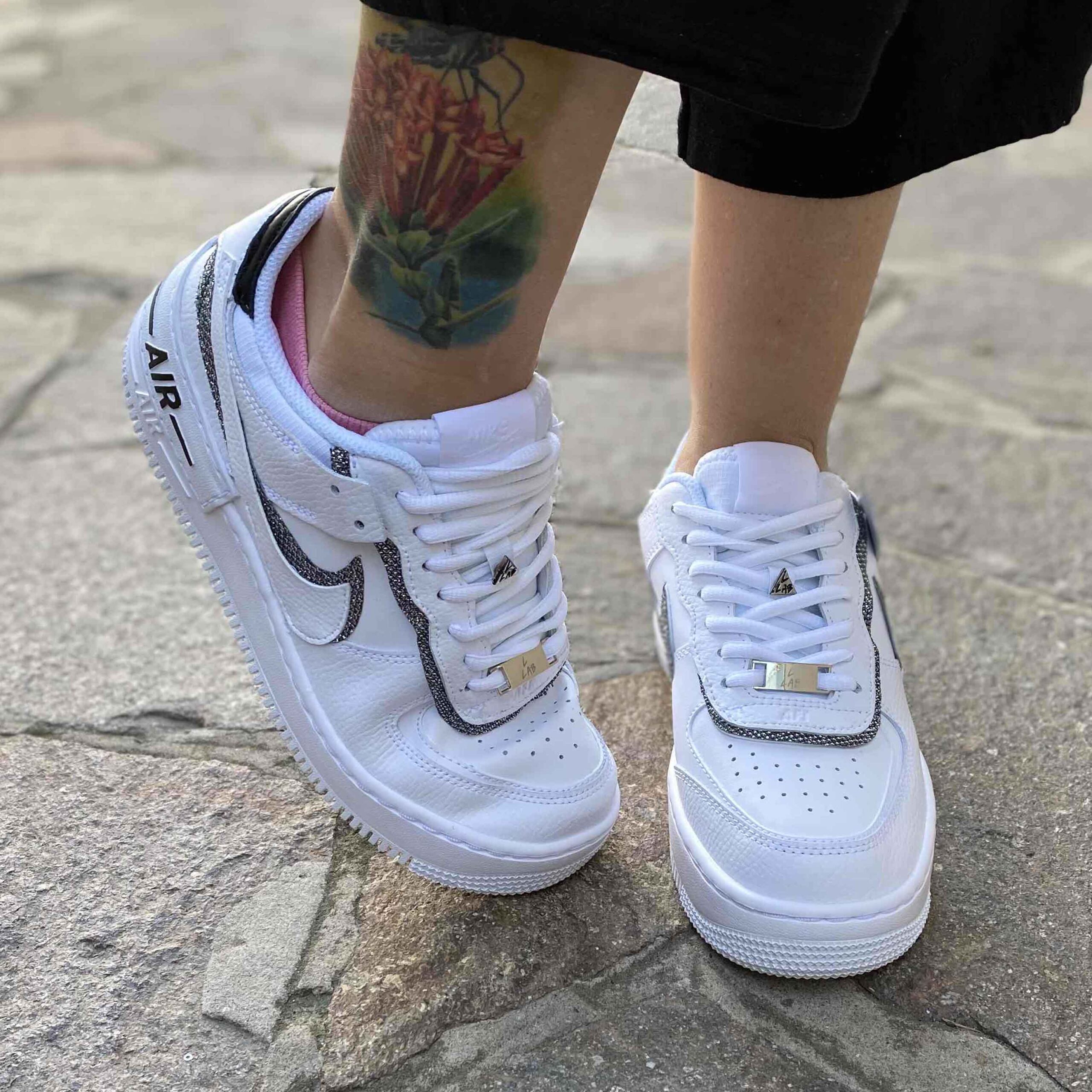 Nike Air Force 1 Shadow Custom Doppio Swoosh Lurex Argento Cucito A Mano
