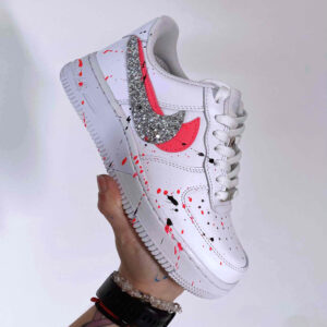 Nike Air Force One Custom Doppio Swoosh Glitter Argento e Materiale Rosa Fluo