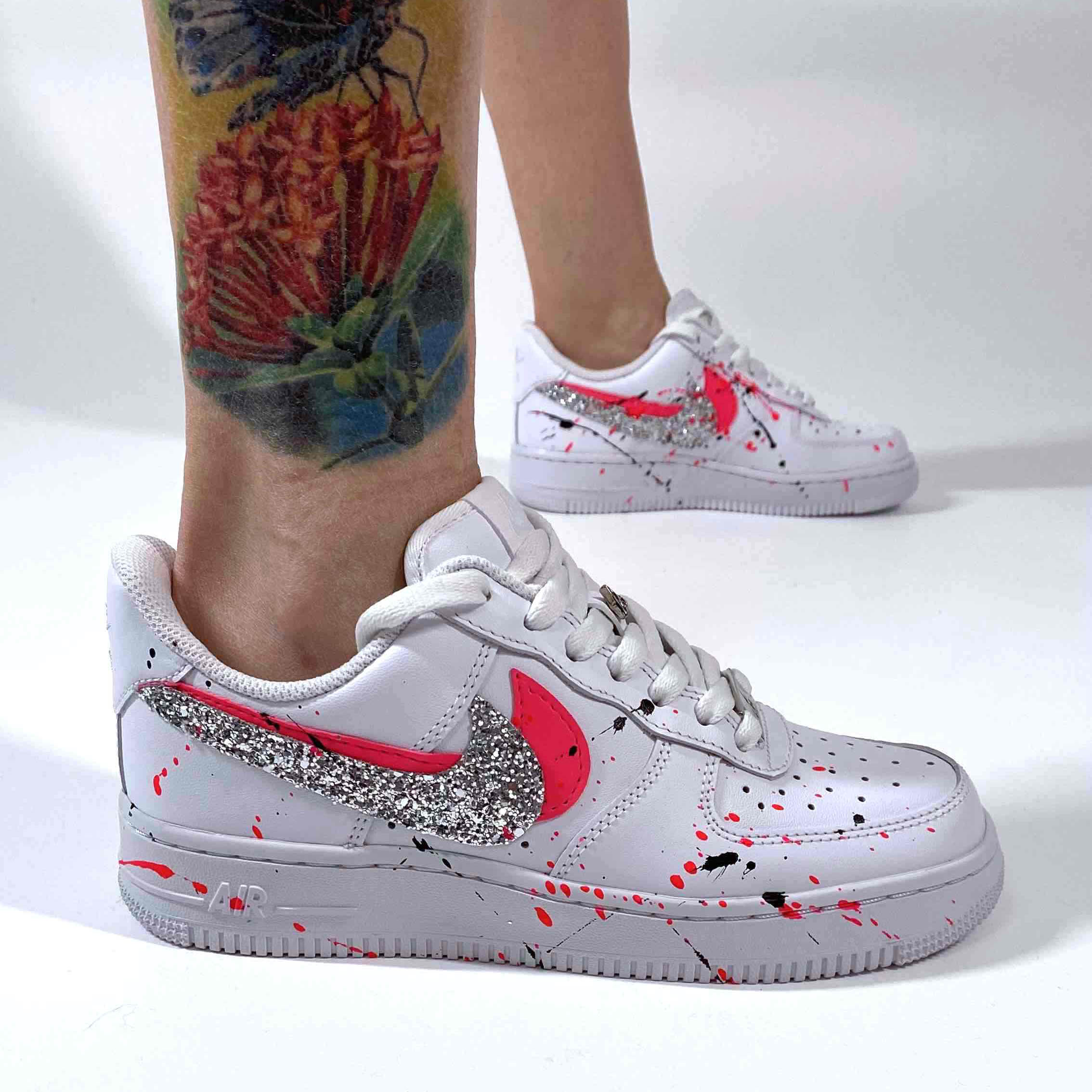 Nike Air Force One Custom Doppio Swoosh Glitter Argento e Materiale Rosa Fluo