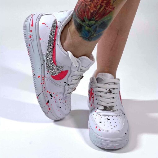 Nike Air Force One Custom Doppio Swoosh Glitter Argento e Materiale Rosa Fluo