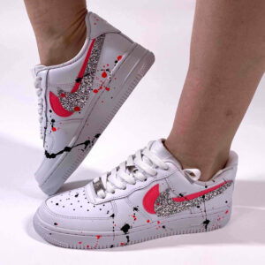 Nike Air Force One Custom Doppio Swoosh Glitter Argento e Materiale Rosa Fluo