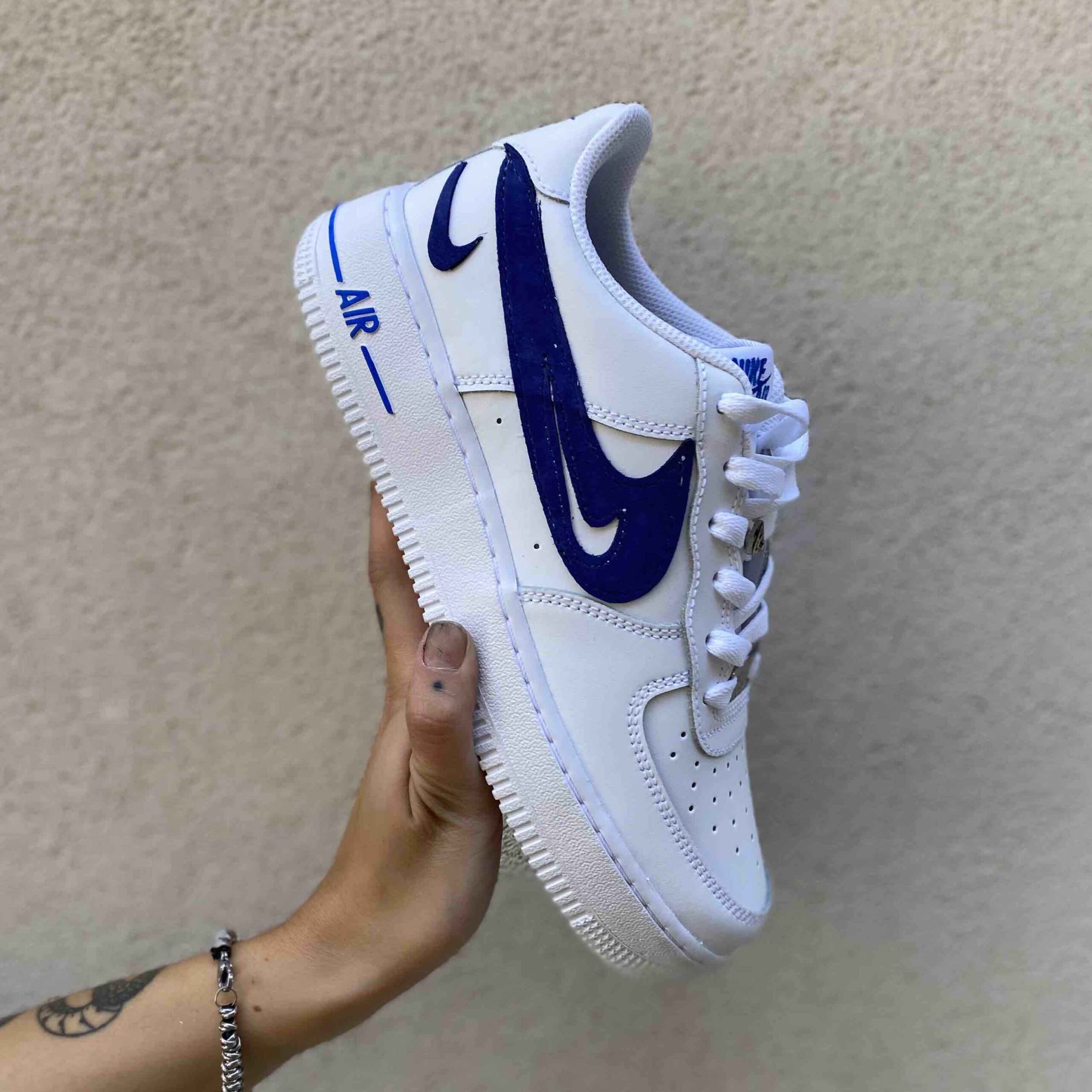 Nike Air Force One Custom Swoosh Pelle Blu Ritagliato