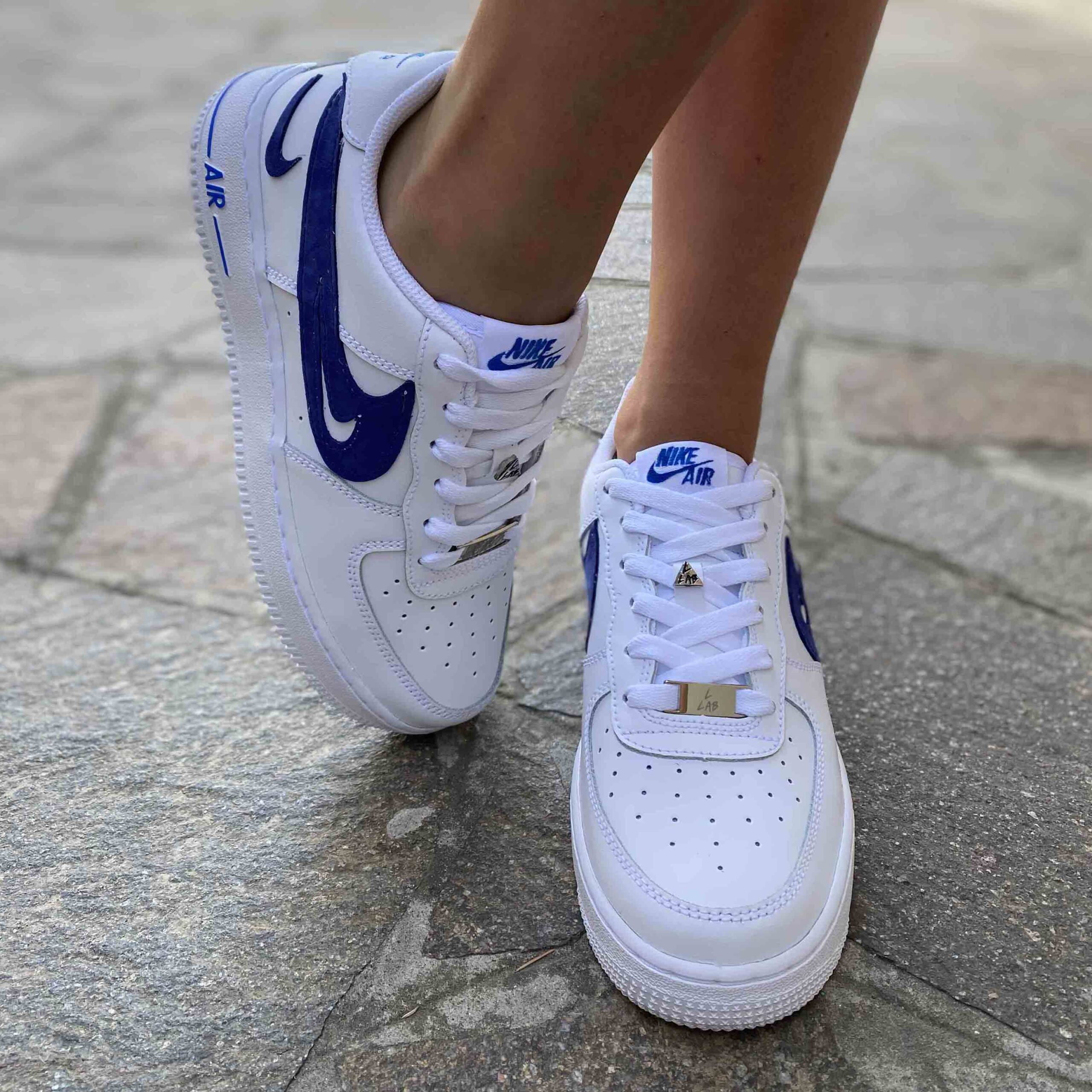 Nike Air Force One Custom Swoosh Pelle Blu Ritagliato