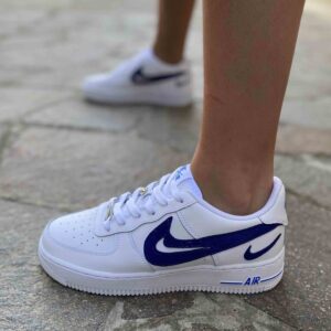 Nike Air Force One Custom Swoosh Pelle Blu Ritagliato
