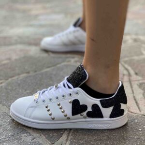 Adidas Stan Smith Personalizzate Cuori Glitter Nero e Borchie Argento