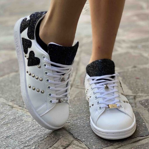 Adidas Stan Smith Personalizzate Cuori Glitter Nero e Borchie Argento
