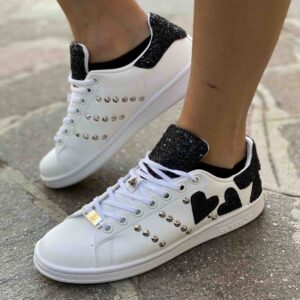 Adidas Stan Smith Personalizzate Cuori Glitter Nero e Borchie Argento