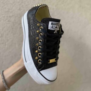 Converse All Star Personalizzate Platform LOW Squamato Nero e Borchie Oro