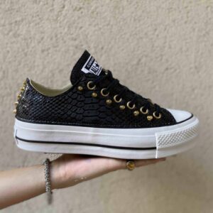 Converse All Star Personalizzate Platform LOW Squamato Nero e Borchie Oro